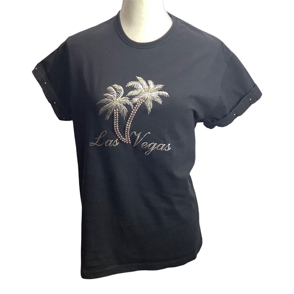 Vtg Womans Circus Circus Shirt Top Size M Short ‎ Sleeve Studded Palm Trees USA